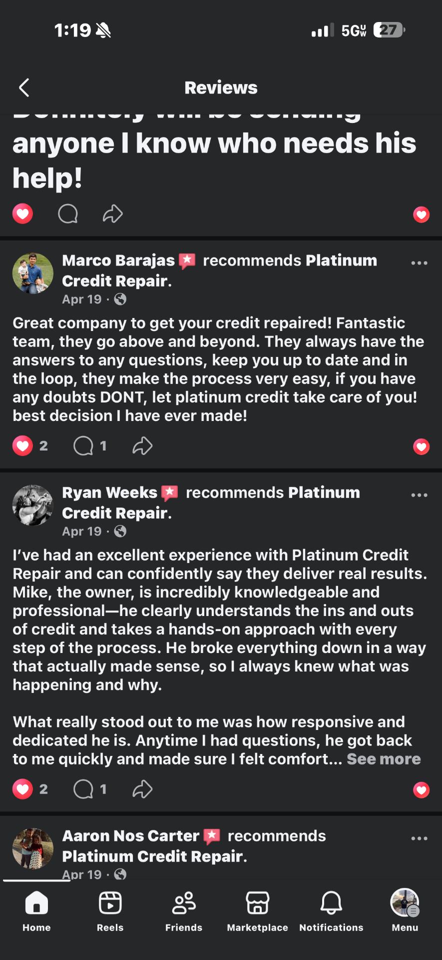 Facebook reviews recommending platniumcreditrepair