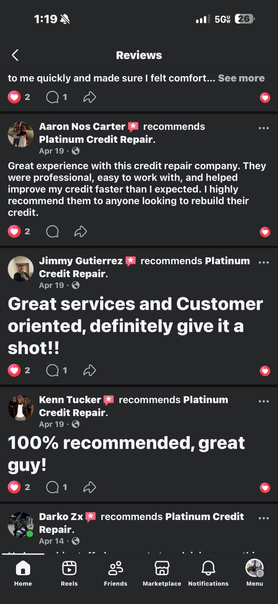 More Facebook reviews recommending platniumcreditrepair